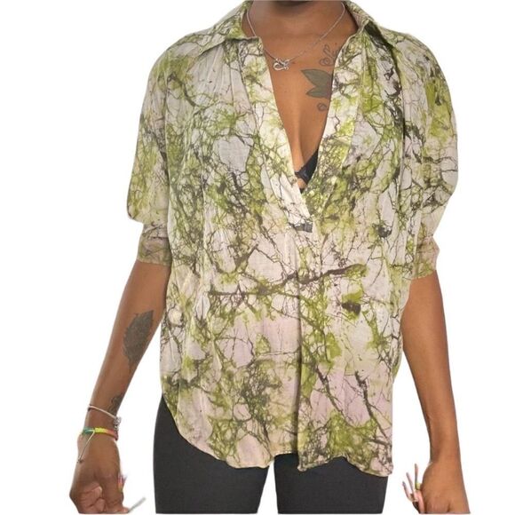 Revolve Fifteen Twenty Silk pajama style Sheer Natural Print Top Small - Picture 1 of 16